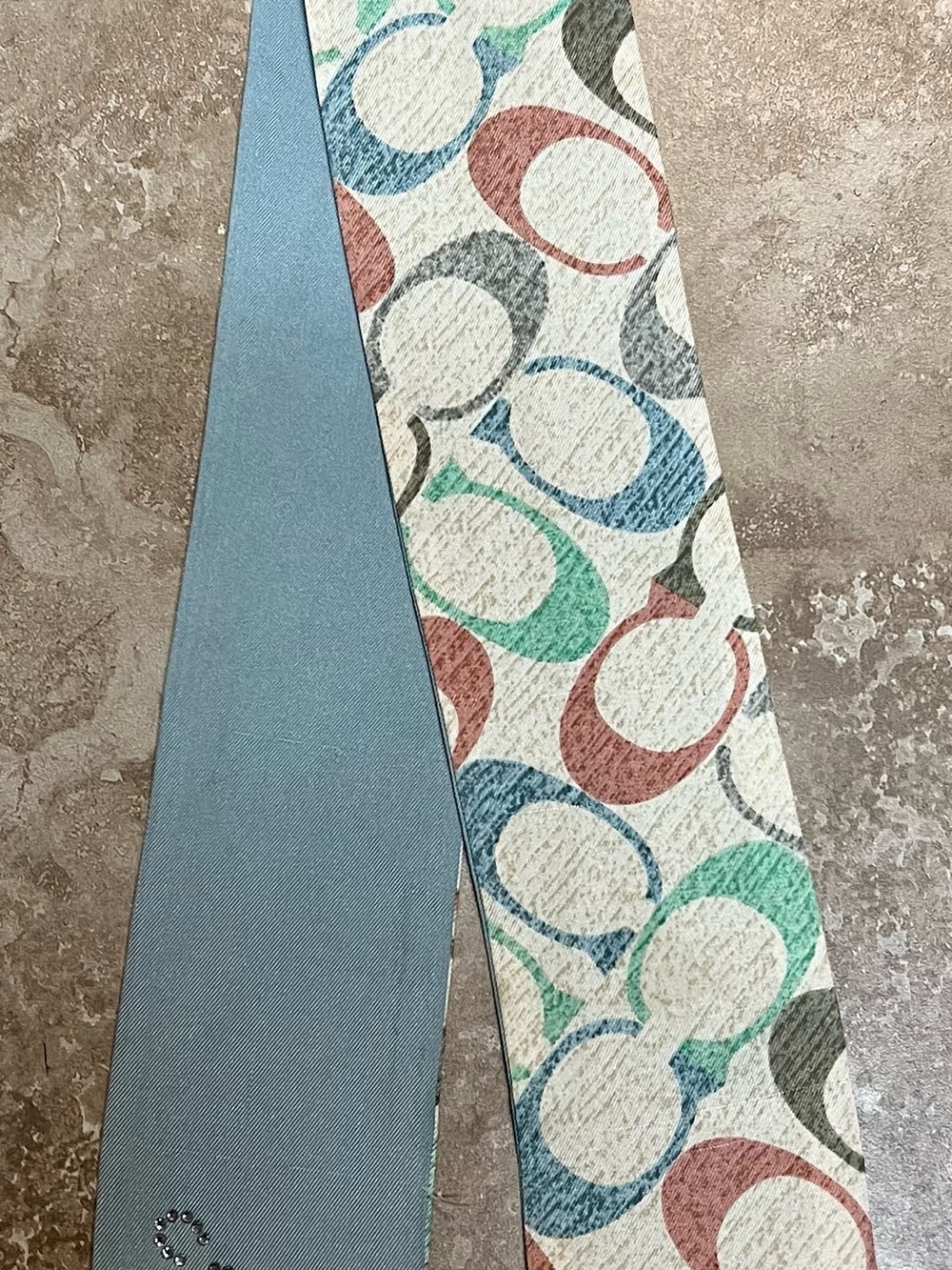Coach Multicolor Signature Print Silk Scarf in Blue, Green, Coral, Gray